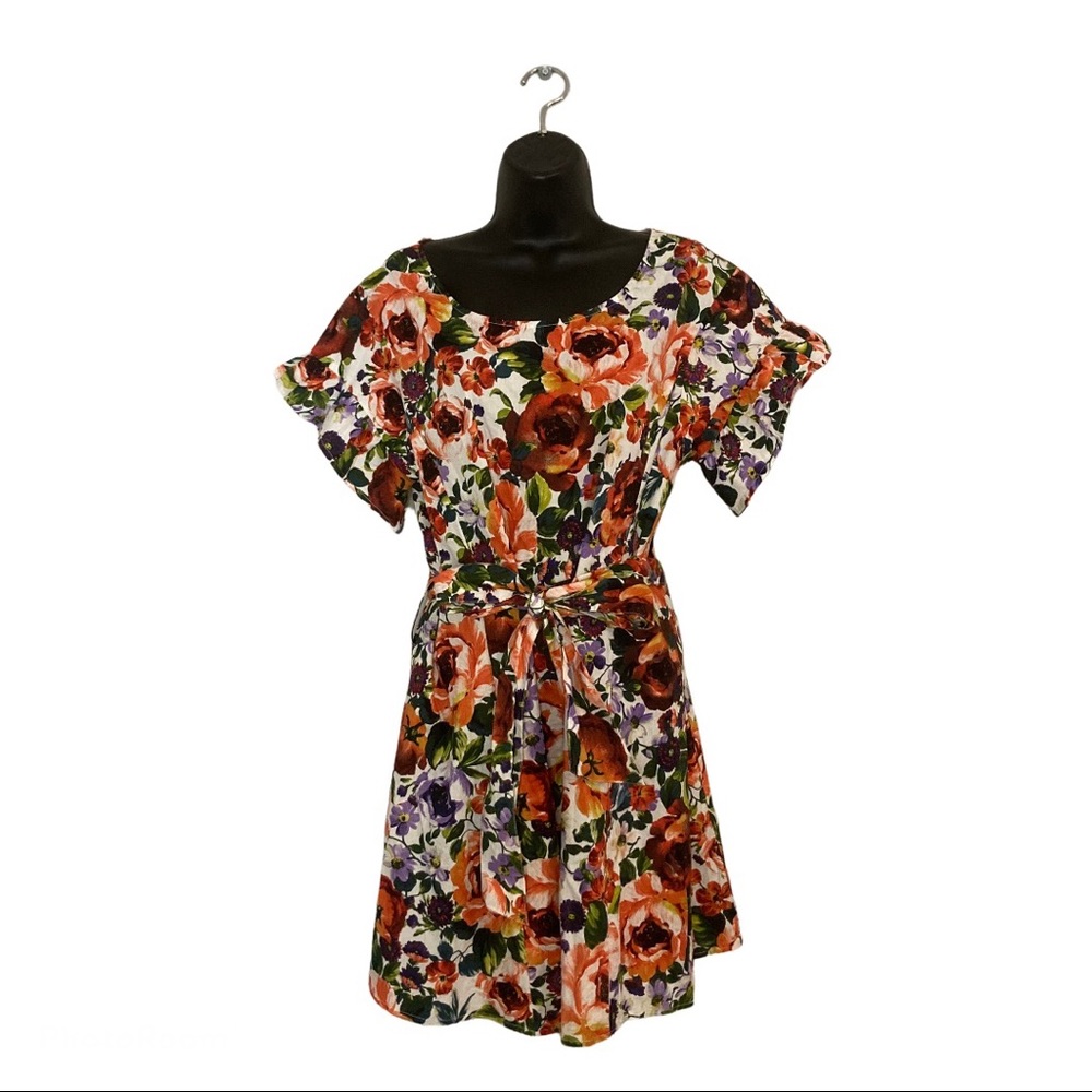 Umgee Floral Tie Up Ruffle Short Sleeve Midi Dress